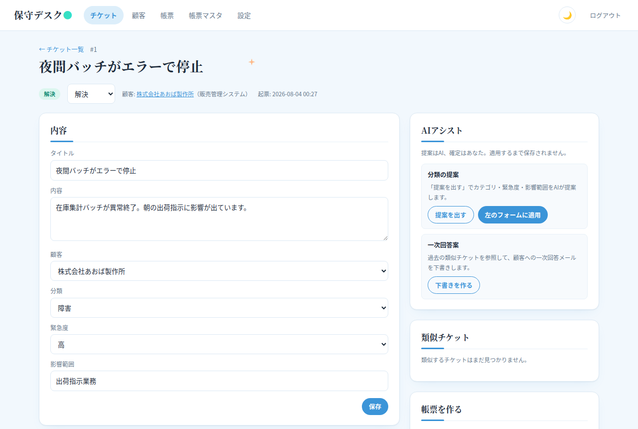 チケット詳細画面。内容・分類・緊急度の編集フォームと、AIアシスト（分類の提案・一次回答案）、類似チケットのパネル